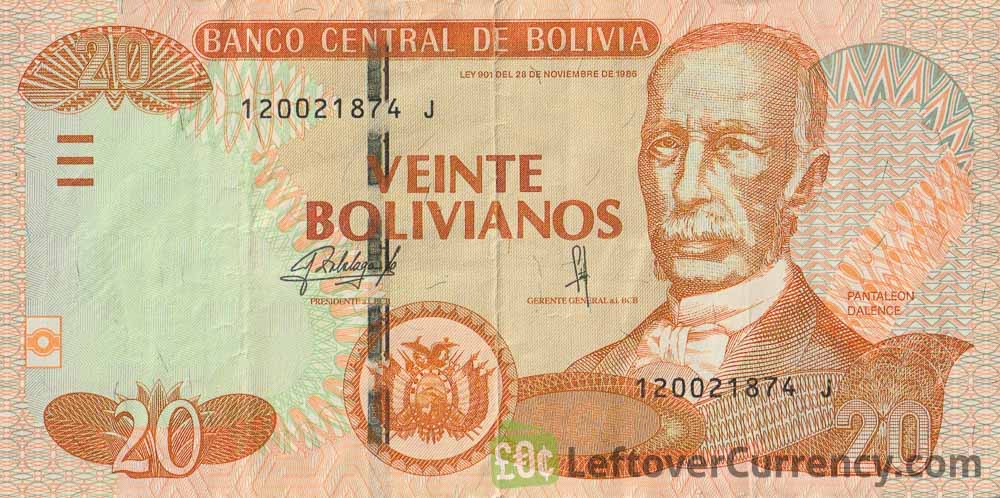 20 Bolivian Bolivianos banknote no security strip obverse side