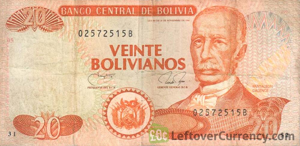 20 Bolivian Bolivianos banknote no security strip obverse side