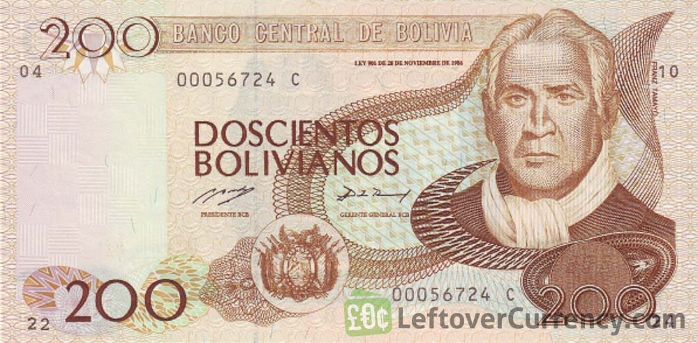 200 Bolivian Bolivianos banknote no security strip obverse side