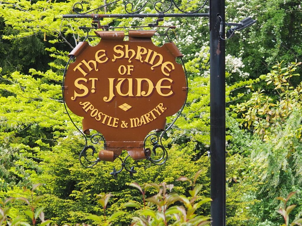 a hanging sign outside that says Shrine of St Jude Apostle & Martyr