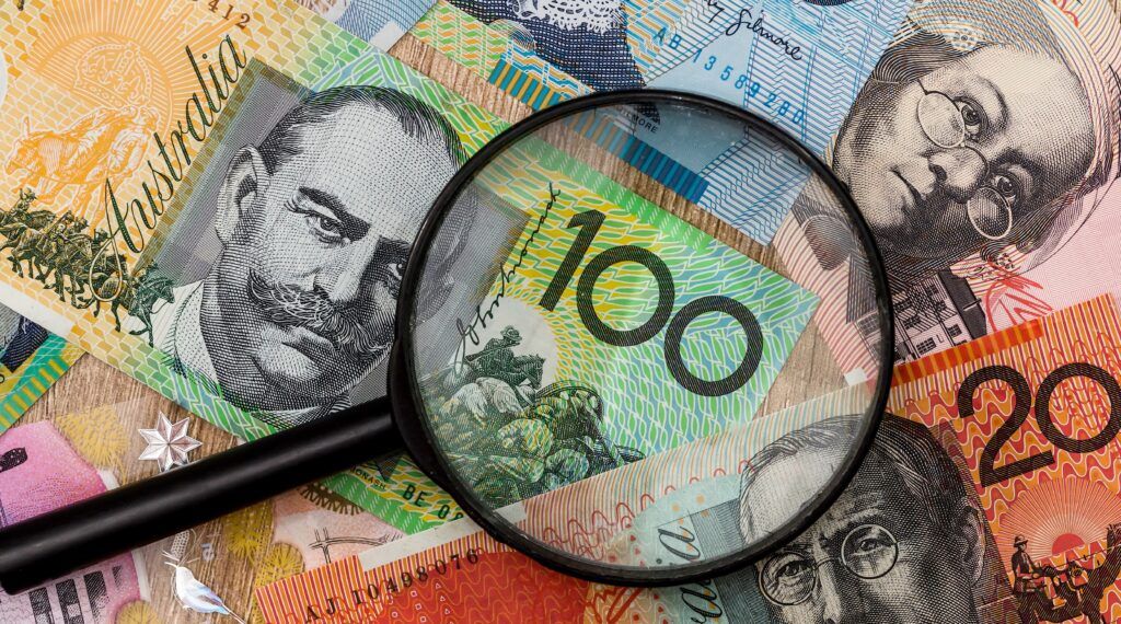 Different,Australian,Banknotes,Bills,Under,Magnifying,Glass.,Aussie,Currency.,Finance