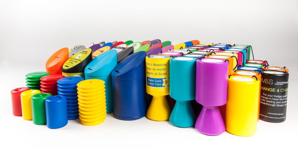 Angal range of colourful fundraising coin collection boxes