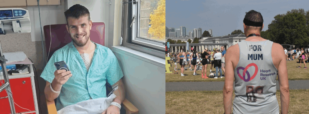 collage of images of a patient recovering from heart surgery an people raising money at a fun run event