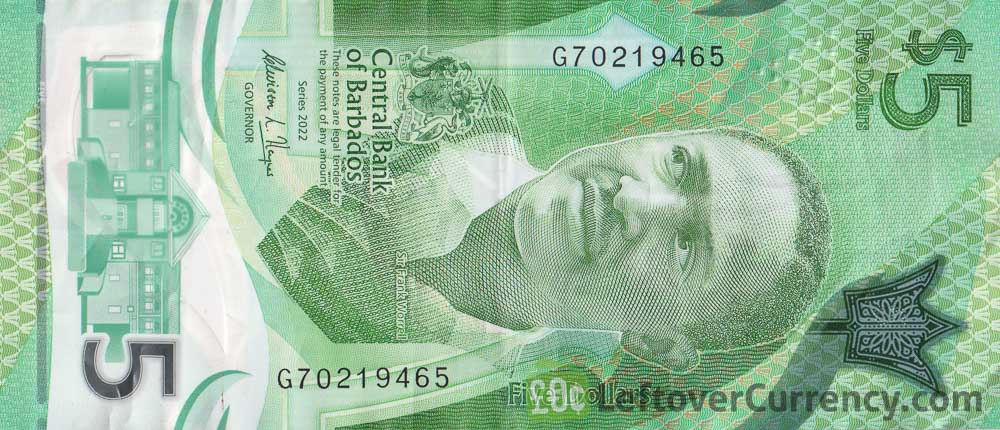 5 Barbadian Dollar polymer vertical banknote (Sir Frank Worrell)