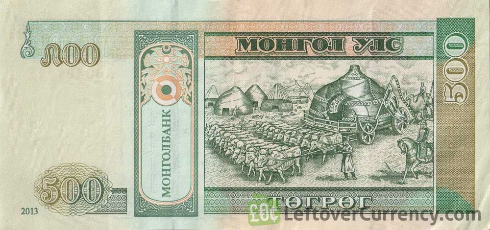500 Mongolian Tögrög green banknote (ox-drawn yurte)