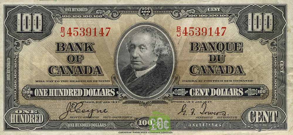 100 Canadian Dollars Series 1937 Exchange Yours For Cash Today 100 Canadian Dollars Banknote Series 1937 Obverse Accepted For Exchange
