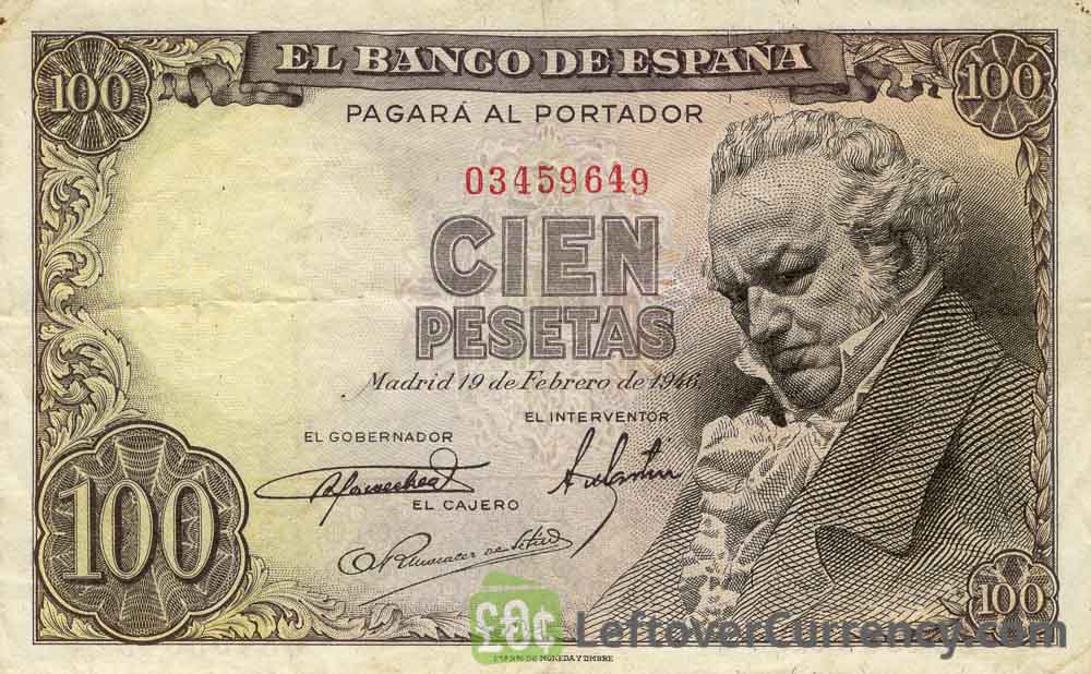 100 Spanish Pesetas Francisco De Goya Exchange Yours For Cash 100 Spanish Pesetas Banknote Francisco De Goya Obverse Accepted For Exchange