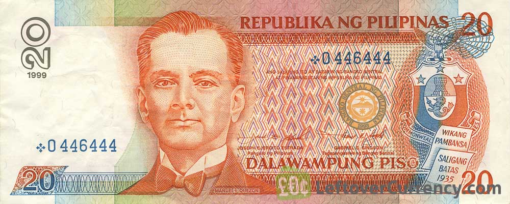 20 Philippine Peso Manuel Luis Quezon Exchange Yours For Cash 20 Philippine Peso Banknote Manuel Luis Quezon Obverse Accepted For Exchange