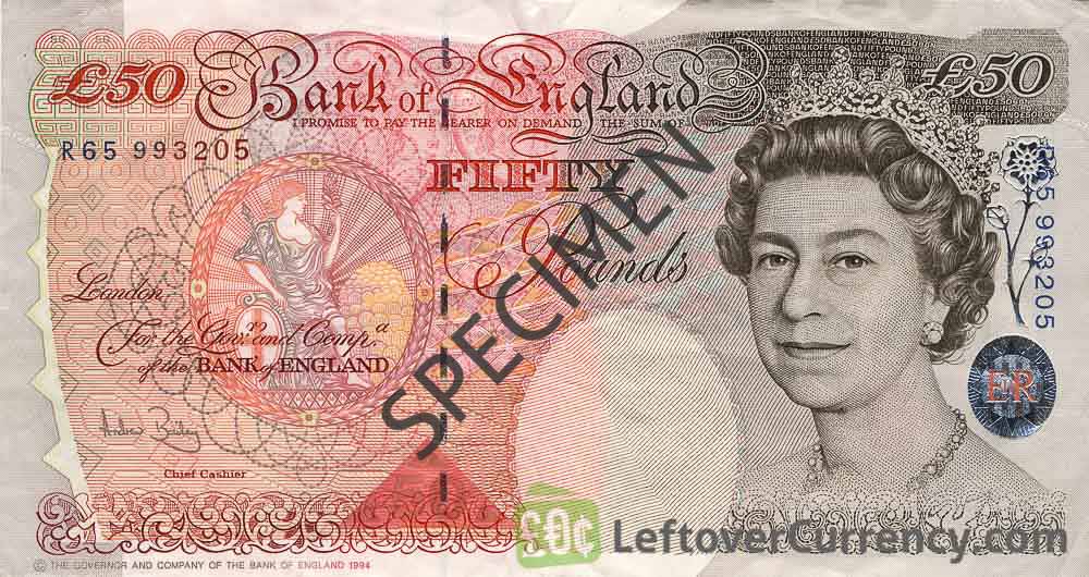 50 pound note with a portrait of Sir John Houblon's face