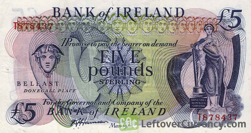 Bank Of Ireland 5 Pounds Mercury Exchange Yours For Cash Bank Of Ireland 5 Pounds Banknote Mercury Obverse Accepted For Exchange