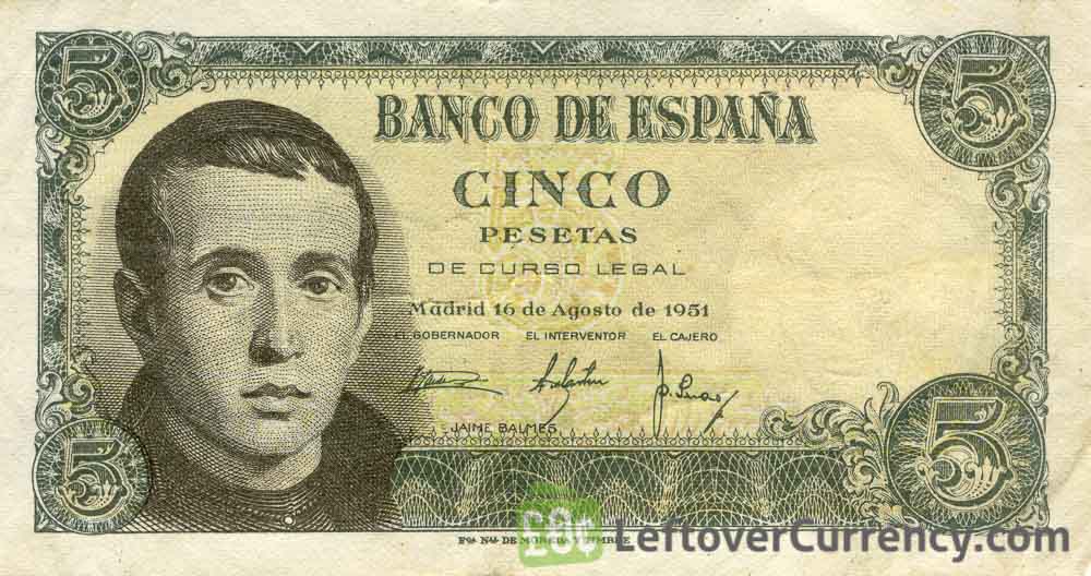 5 Spanish Pesetas (Jaime Balmes) Exchange yours for cash today