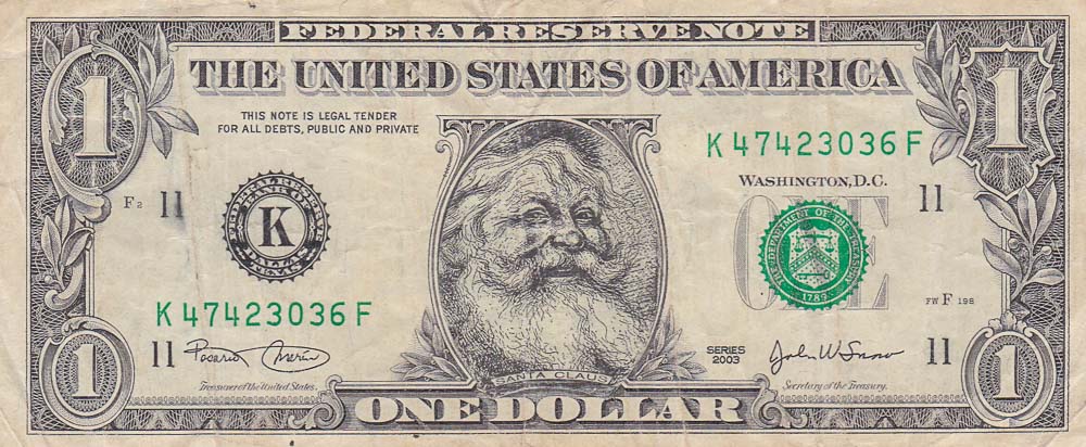 Leftover Currency Santa Claus dollars