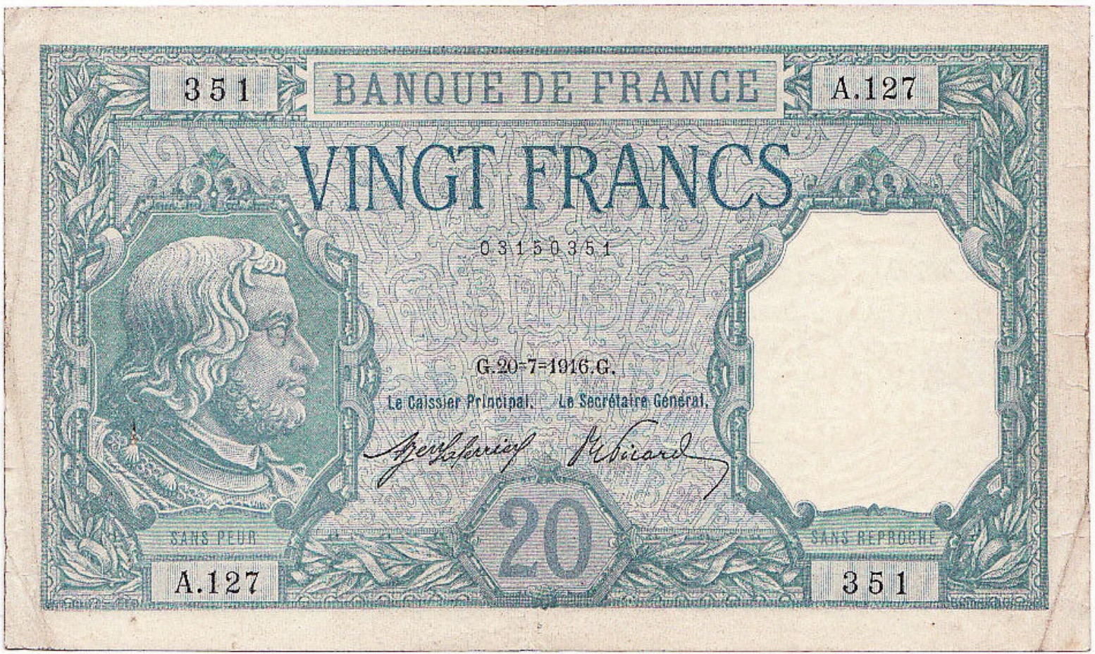 20 French Francs banknote (Bayard) Exchange yours for cash today