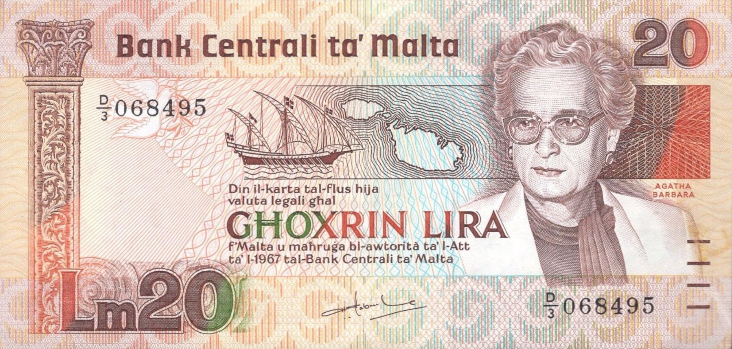 20 Maltese Liri banknote (Agatha Barbara) Exchange yours for cash