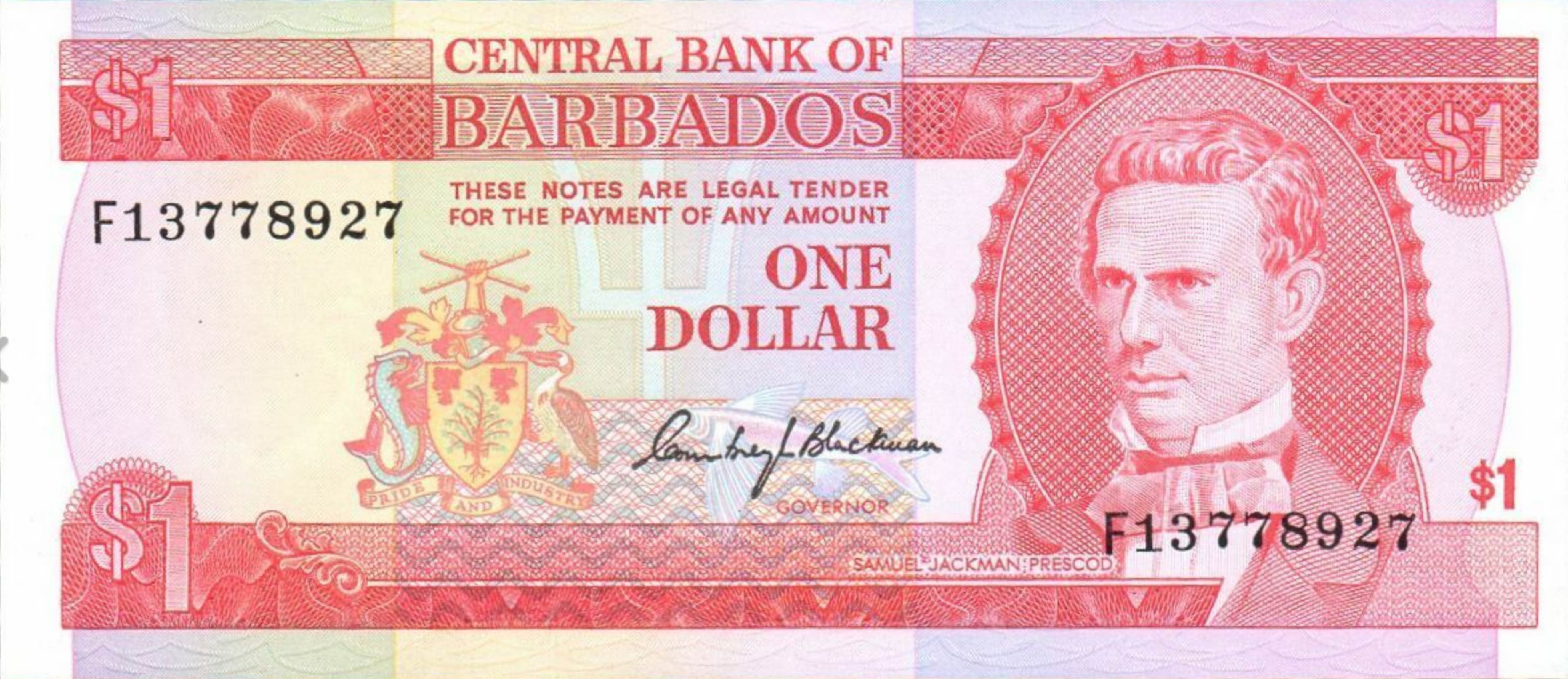 1 Barbados Dollar banknote (National Heroes Square) Exchange yours